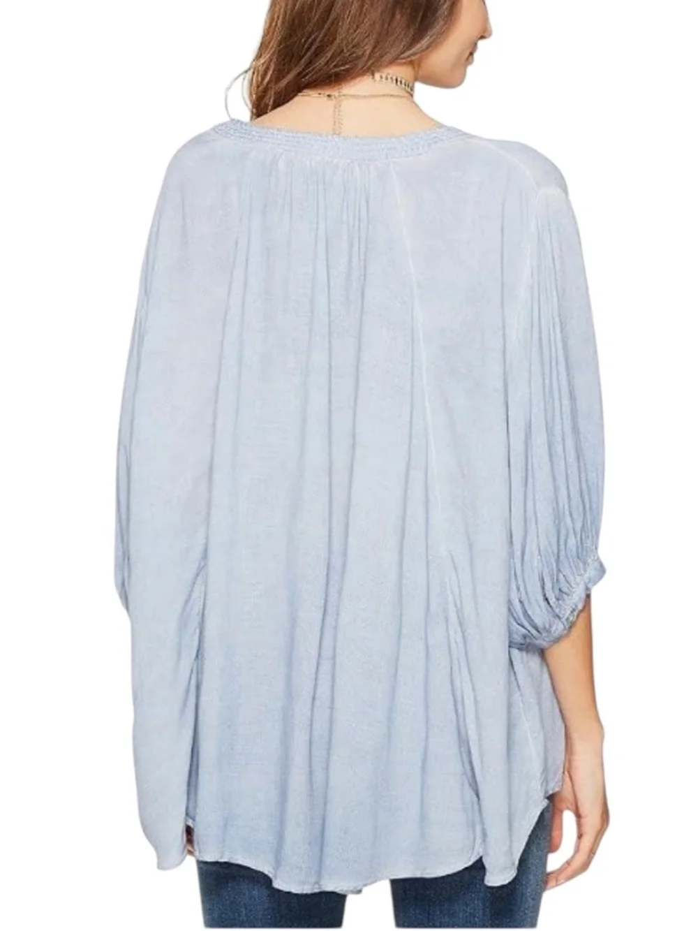 FREE PEOPLE CATCH ME IF YOU CAN LIGHT BLUE OVERSIZED SWING BOHO PEASANT BLOUSE